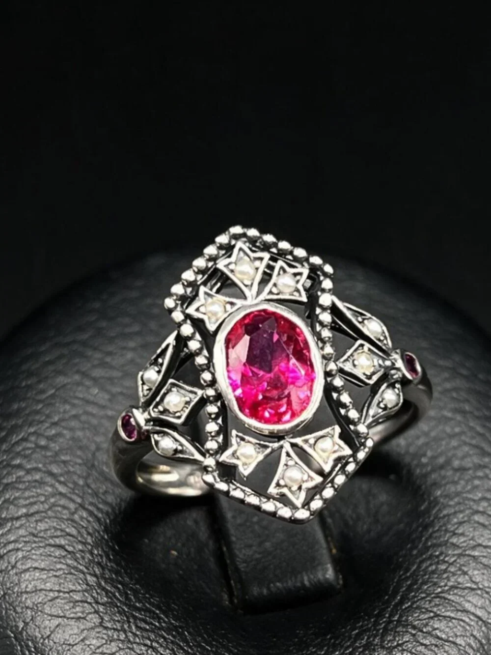 Vintage Art Deco Sterling Silver Ring With Dark Pink Red Tourmaline 925 in Box